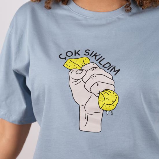 Unisex Oversize Tshirt Çok Sıkıldım Mavi Renk